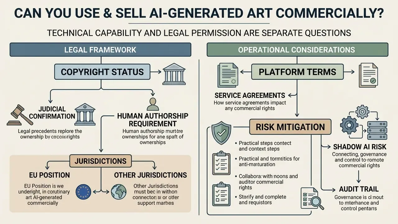 Split diagram comparing legal frameworks and operational considerations for commercial usage