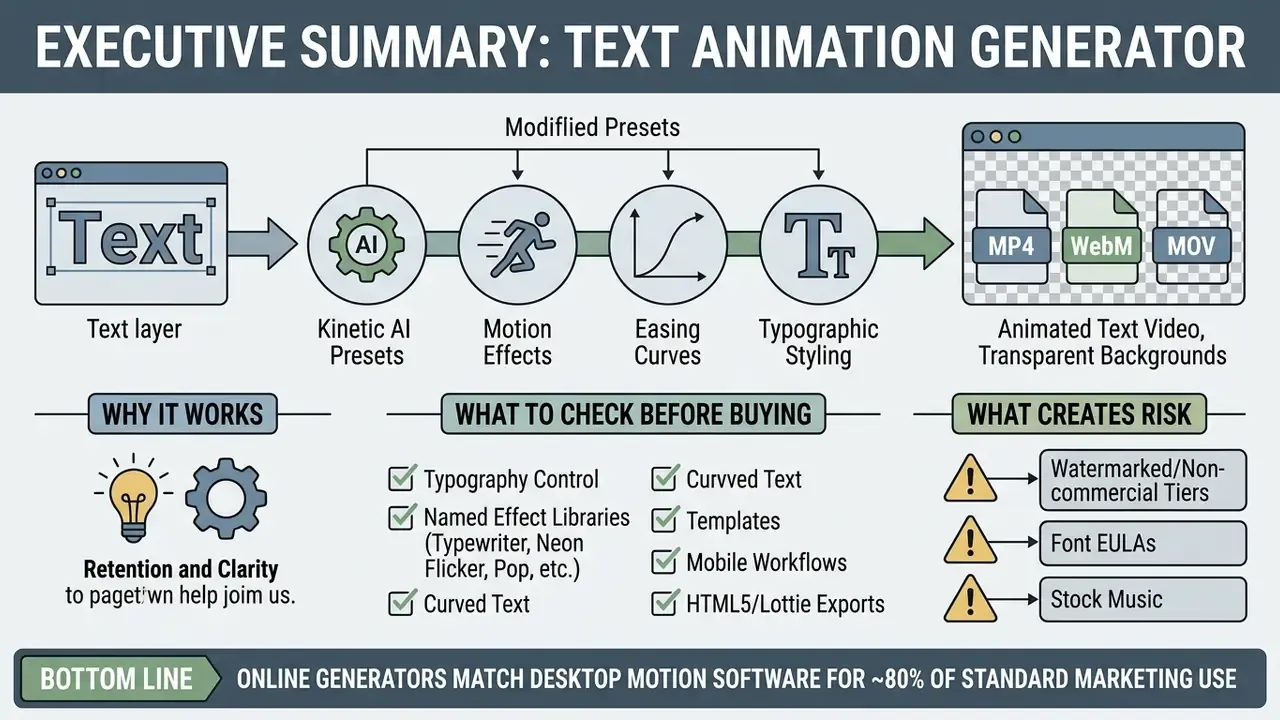 Diagram showing how a text animation generator processes text layers into video files with various effects