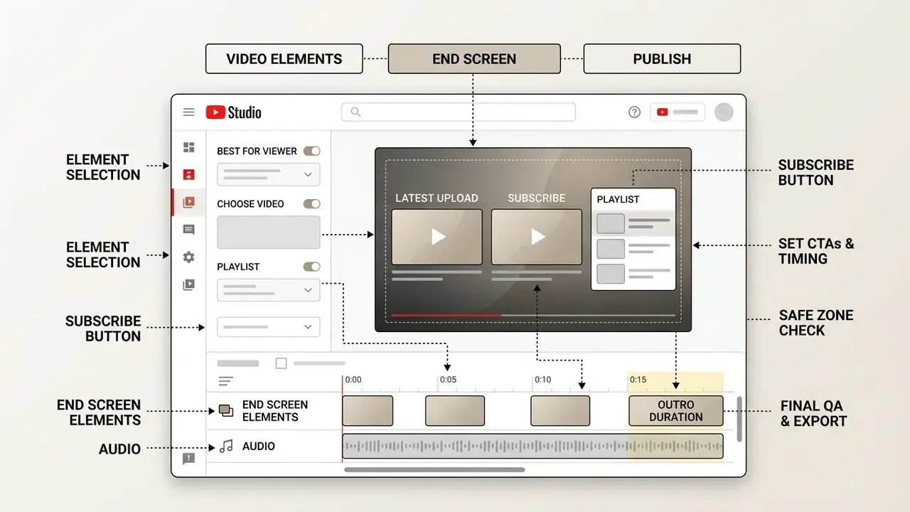 YouTube Studio interface highlighting end screen element selection and timing controls on a timeline