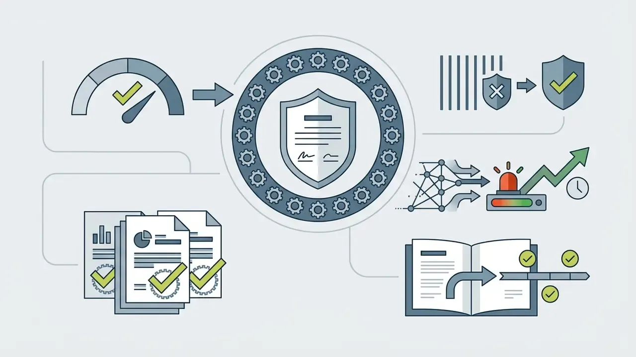Shield icon surrounded by gears connecting to document verification, monitoring, and compliance symbols