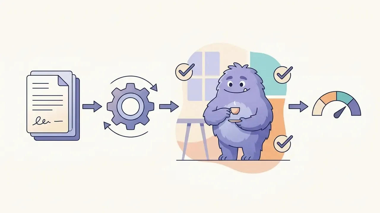 Document and gear icons feeding into a processor that generates a purple monster drinking tea