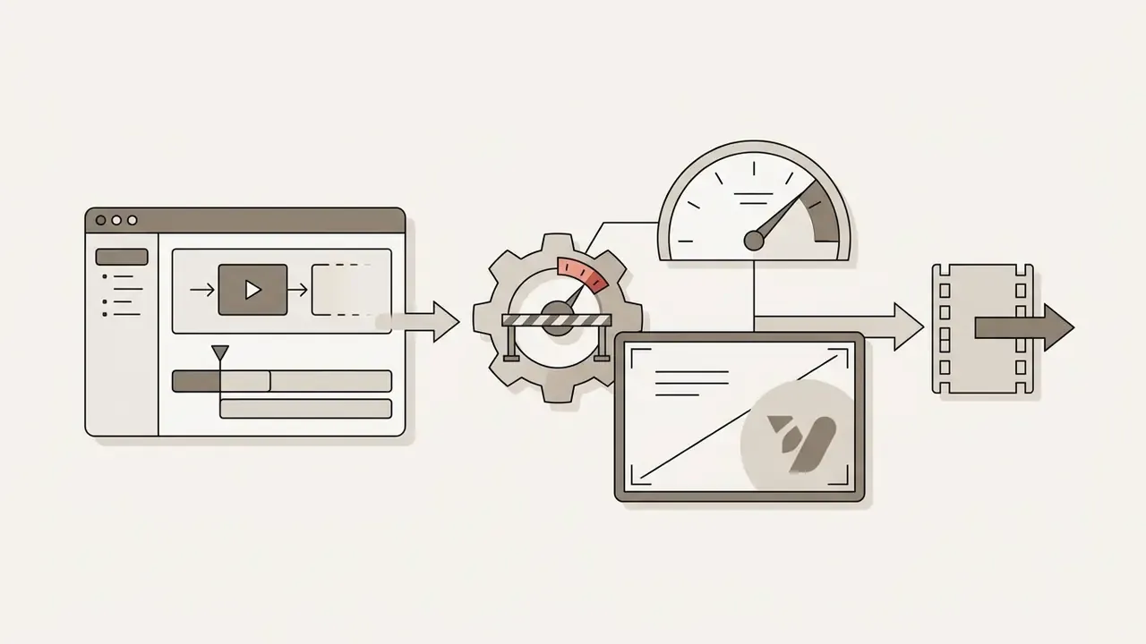 Diagram showing video editor software processing a project with speed limits and watermarked export