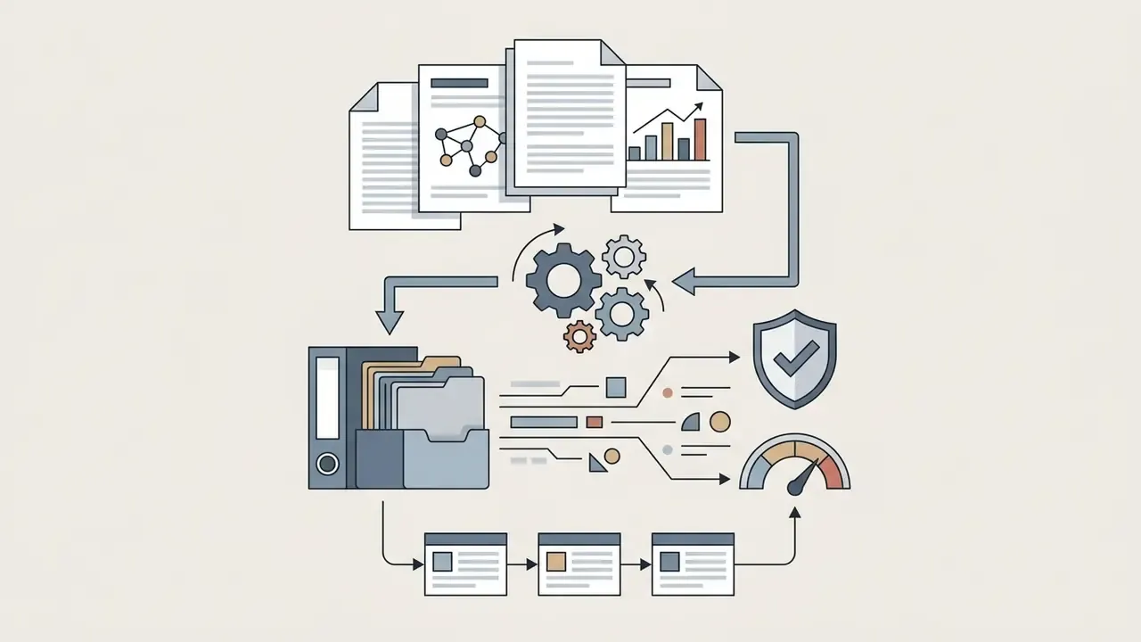 Documents and gears connecting to a filing cabinet, security shield, and data gauge for AI art generation