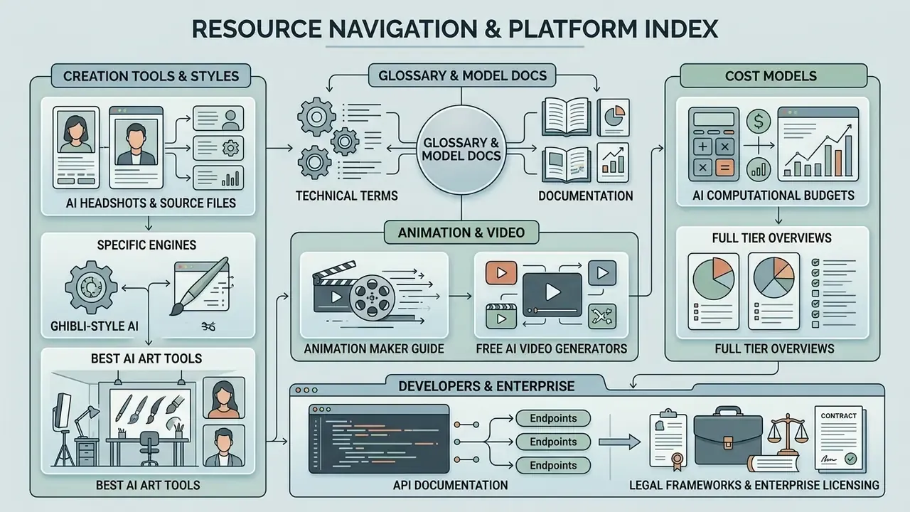 Structured map of AI creation tools, technical glossaries, cost models, and enterprise licensing resources