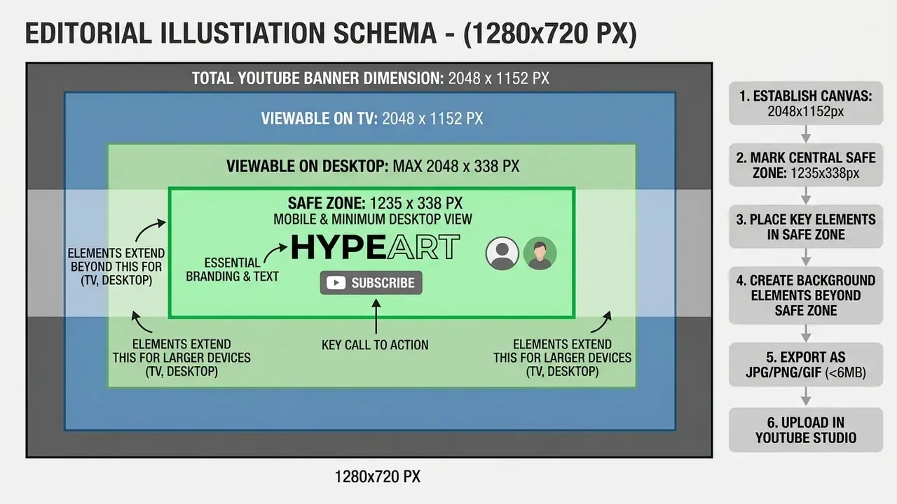 Diagram showing the nested safe zones for a 2048x1152 YouTube banner with a step-by-step design workflow