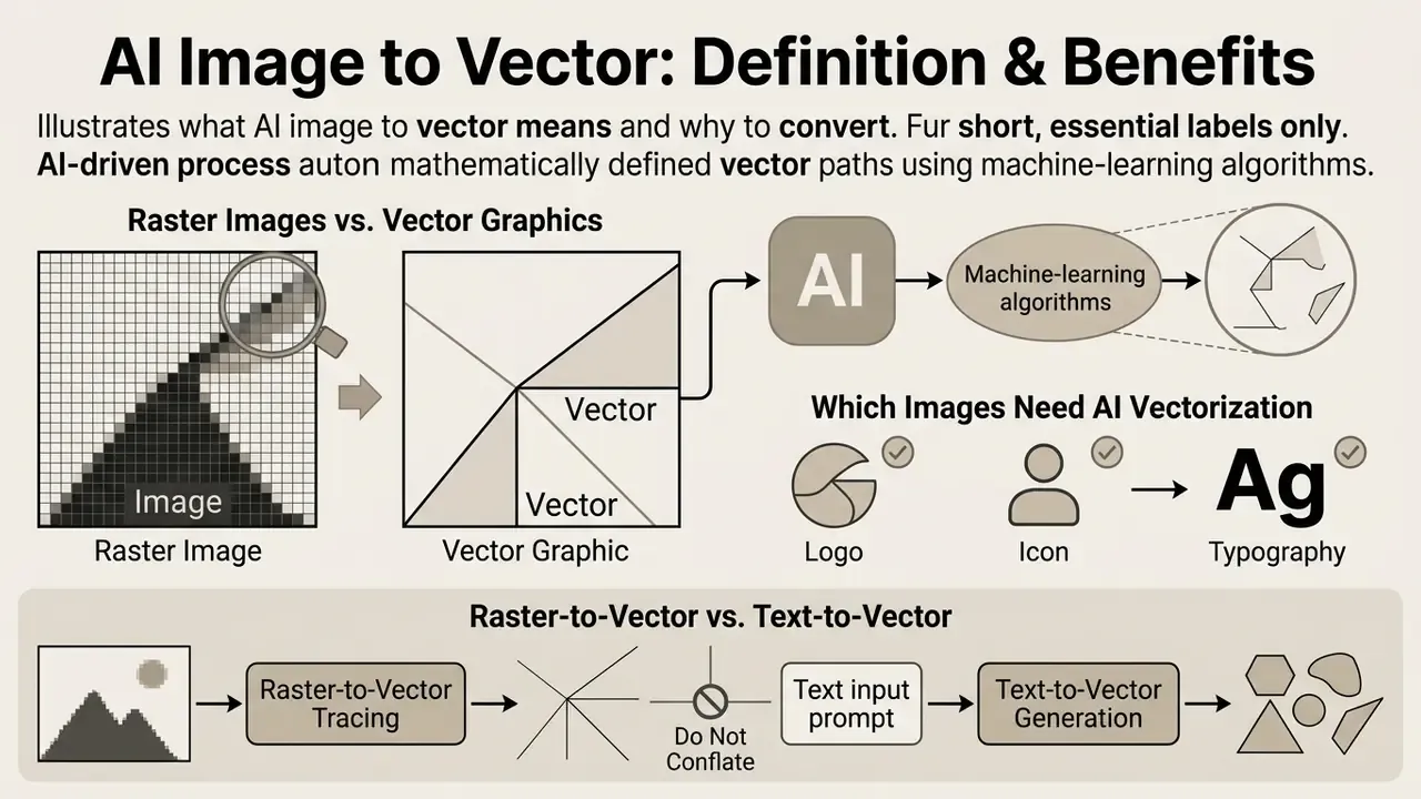 Diagram showing how AI processes raster pixels into geometric vector paths and distinguishes between methods