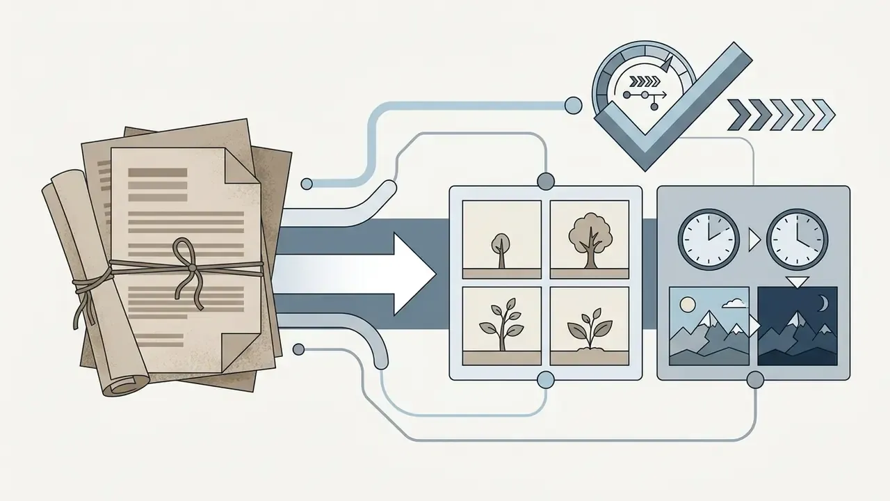Stack of documents moving through a digital pipeline to generate tree growth and time transition sequences