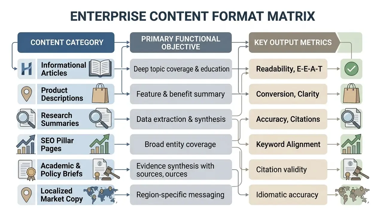 Table mapping content categories to their primary functional objectives and key output metrics
