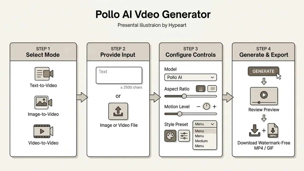 Four sequential steps for using the Pollo AI video generator from mode selection to final file export