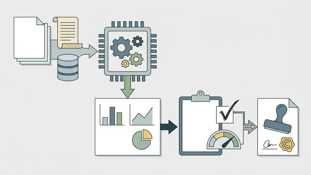 Files and database inputs feeding into a processor that outputs charts to a clipboard with a stamp