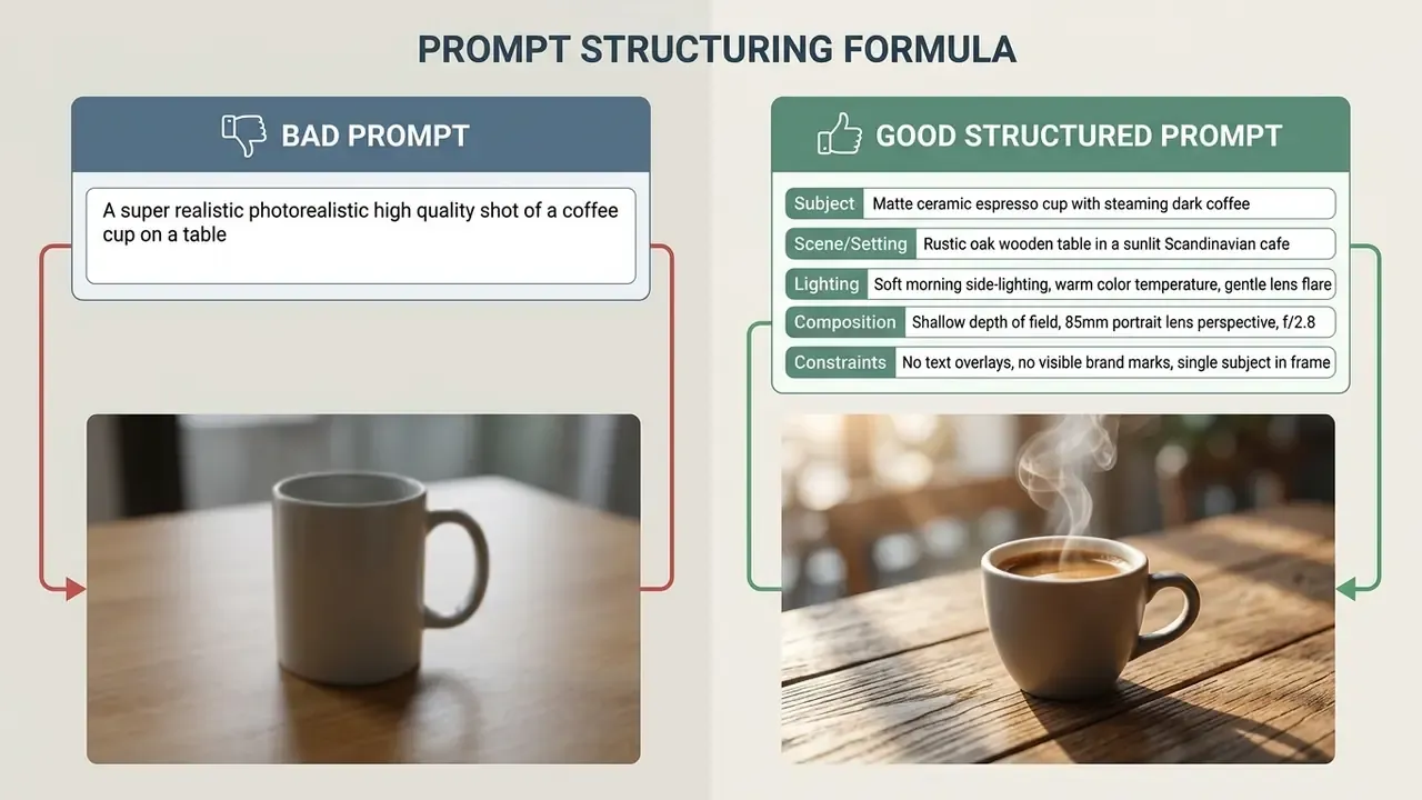 Comparison between a vague text prompt and a detailed structured prompt for AI image generation