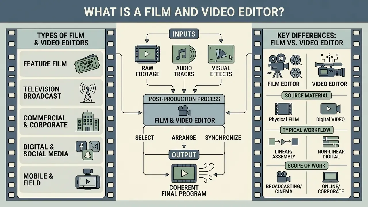 Infographic showing the post-production process and types of work for a film and video editor