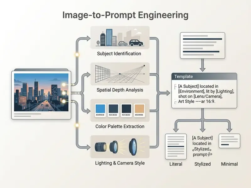 Diagram showing the process of analyzing visual elements to generate structured text prompts