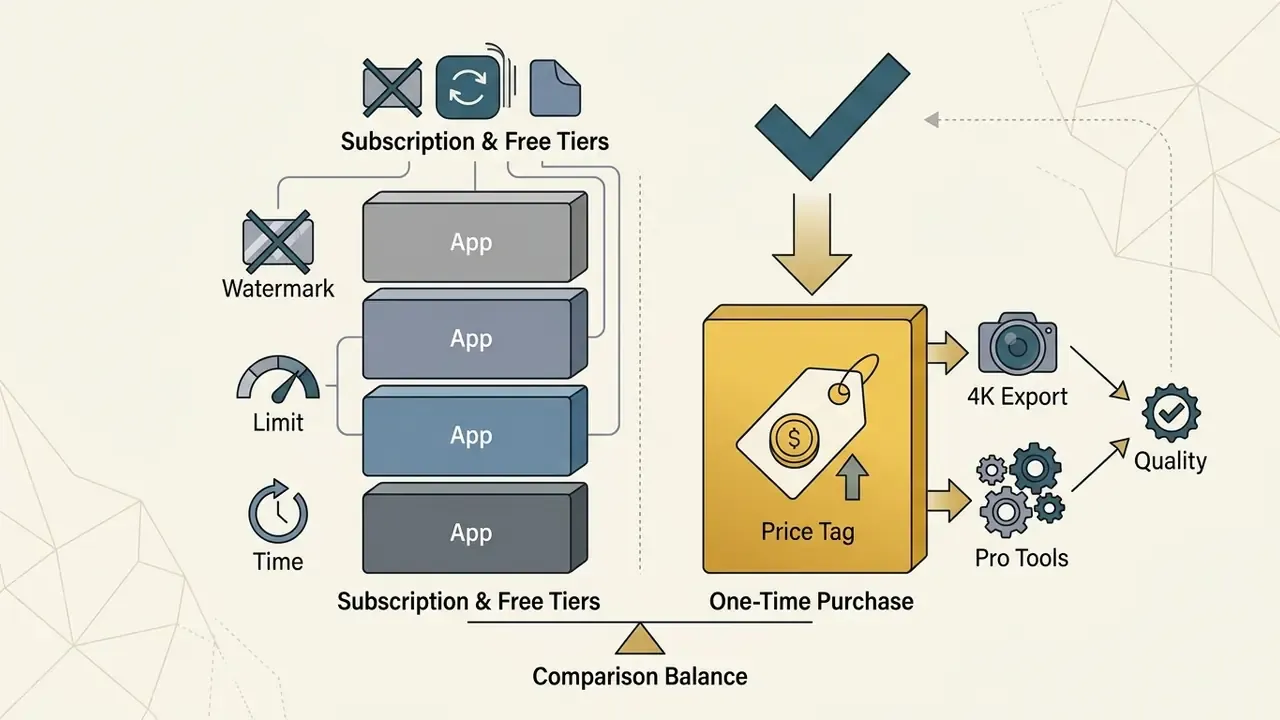 Balance scale showing subscription apps with limitations versus a one-time purchase for pro quality