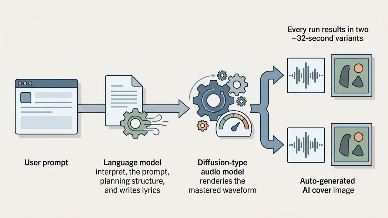 Process flow from user prompt to language model and diffusion audio model producing two music variants