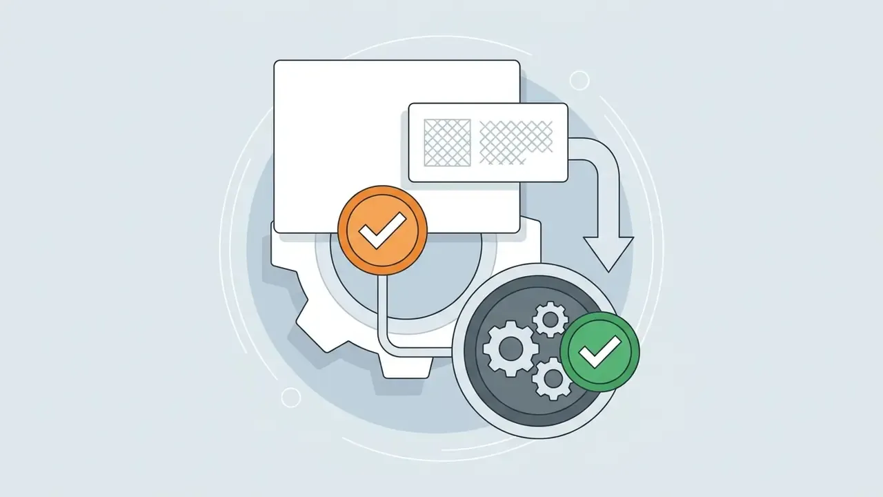 Document icon with a checkmark feeding into a gear hub that outputs to a circular processing window