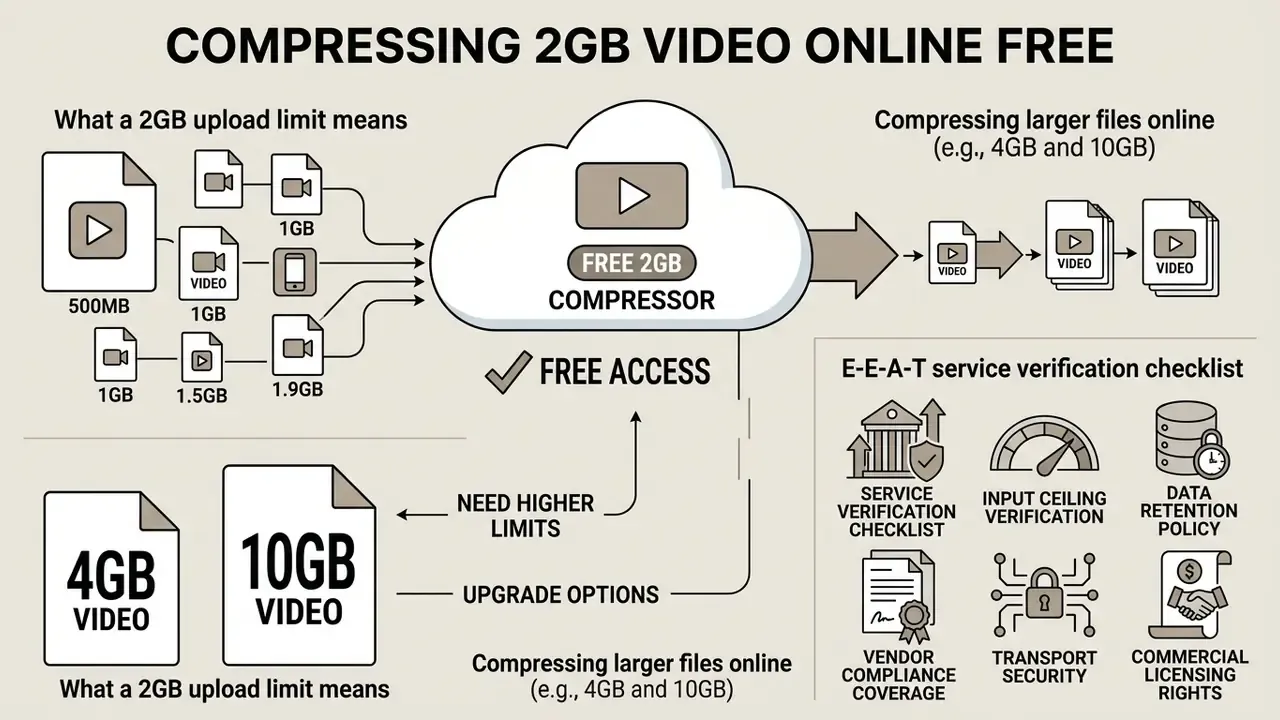Infographic showing file upload limits, cloud processing, and a service verification checklist
