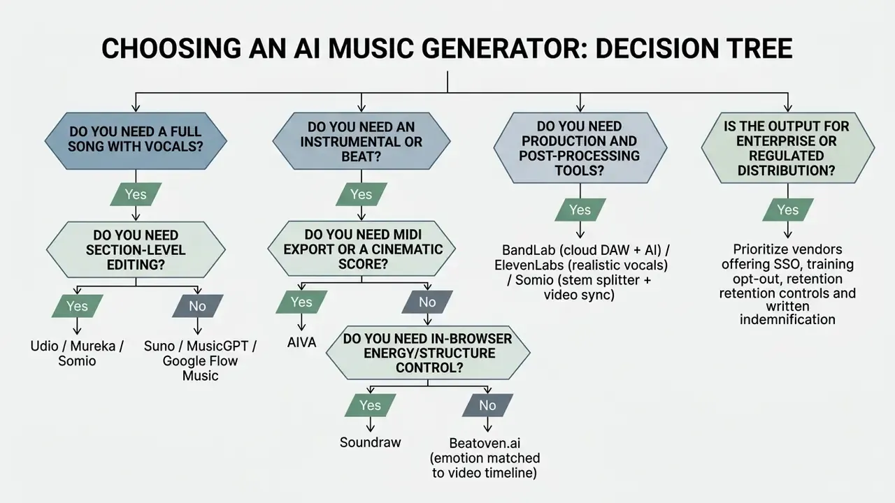 Decision tree flowchart guiding users to the best AI music generator based on specific project requirements