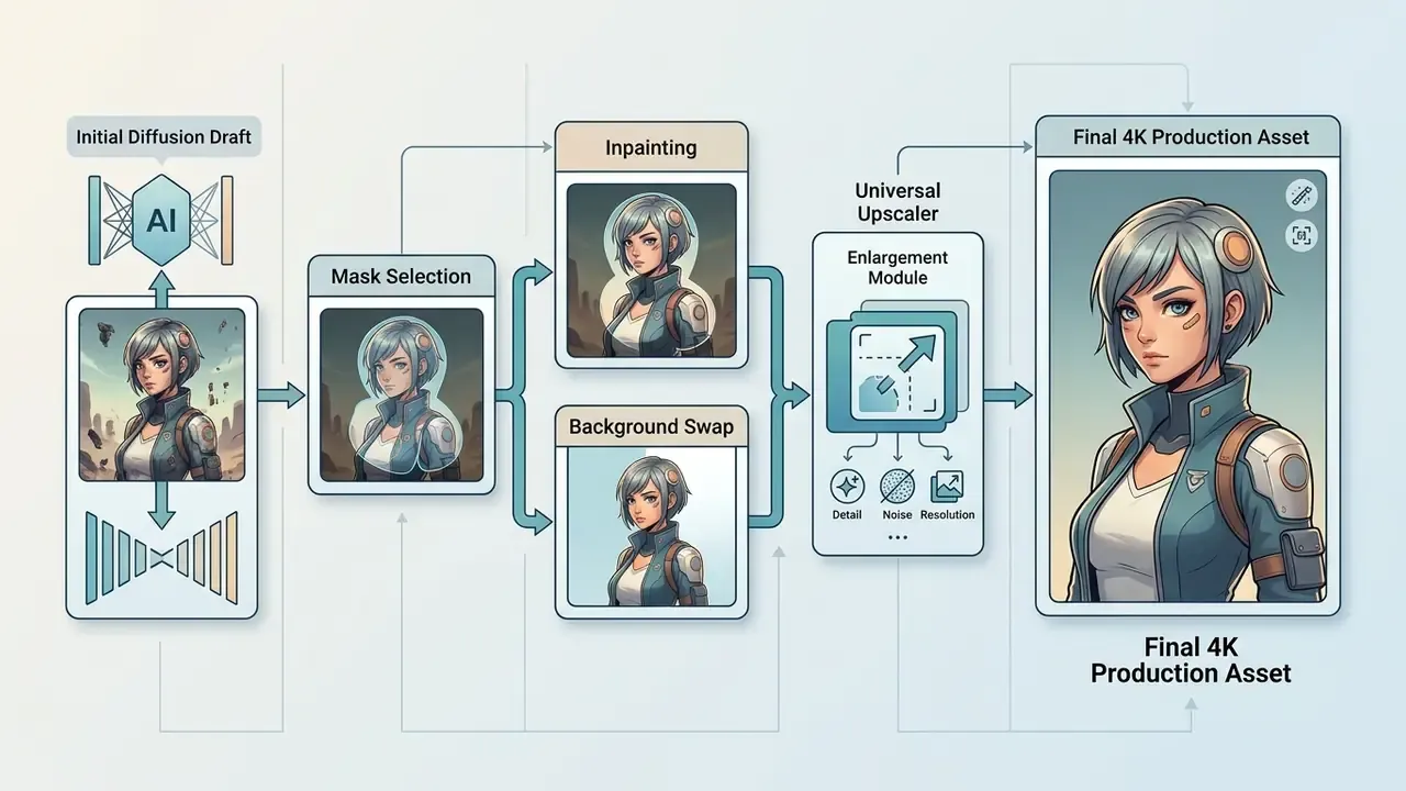 Workflow diagram showing the progression from initial diffusion draft through masking and upscaling