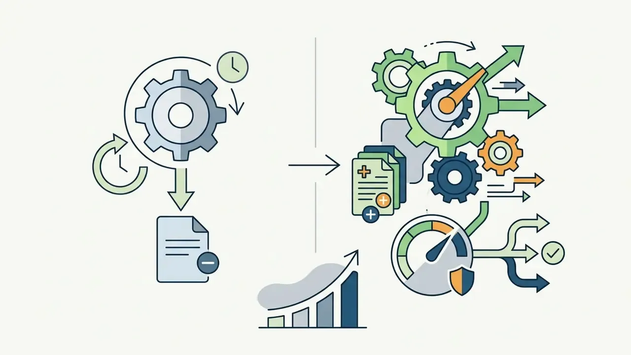 Gear and document icons transitioning into a complex mechanical system with gauges and growth charts
