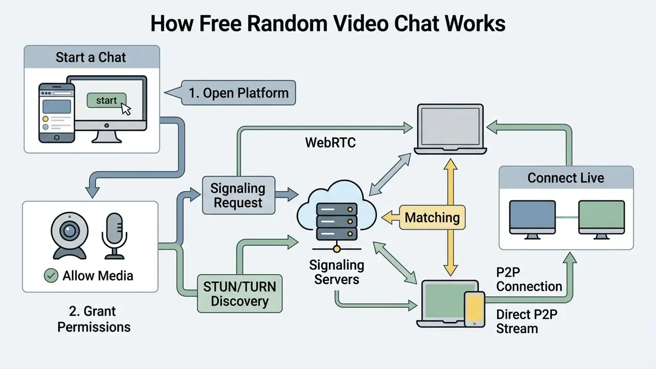 Flowchart showing how browser media permissions and signaling servers enable a direct P2P video connection