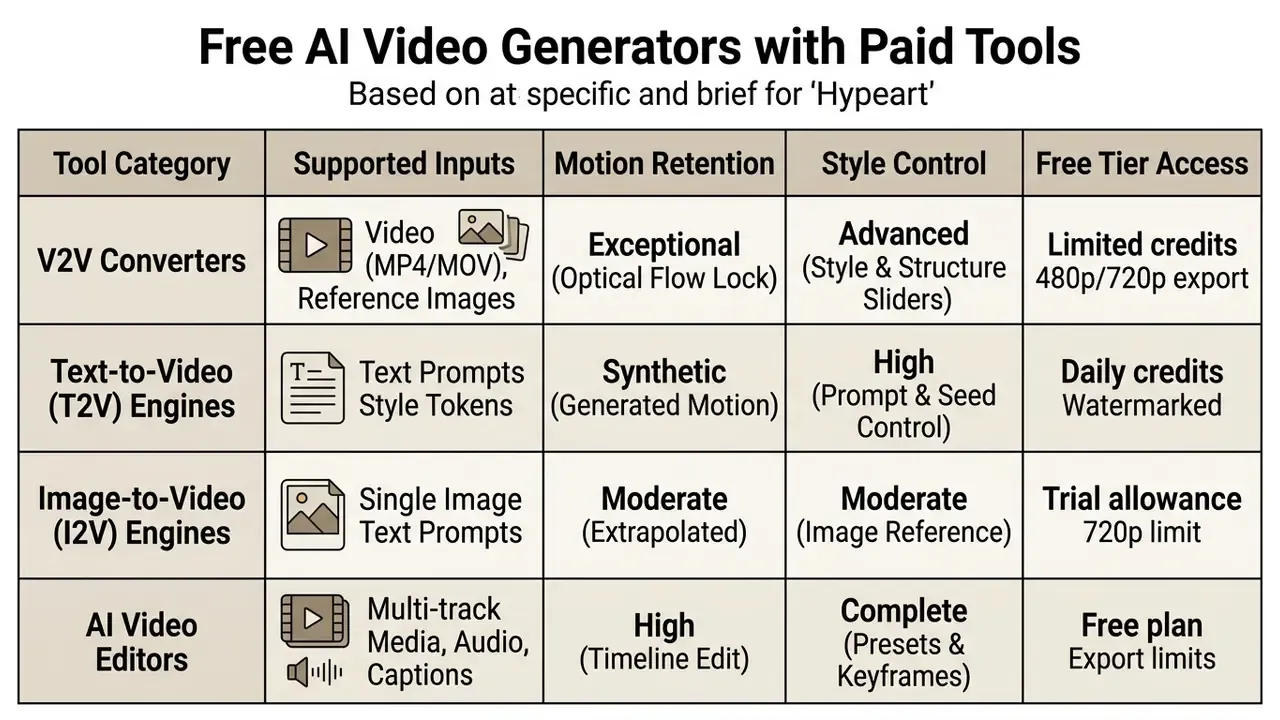 Table comparing features of AI video generators including inputs, motion retention, and free tier access