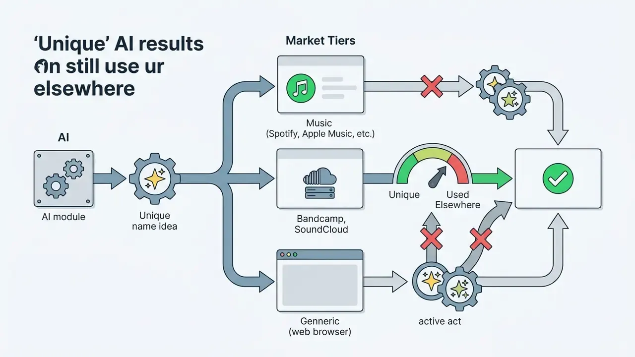 AI module generating names filtered through market platforms with gauges and rejection markers