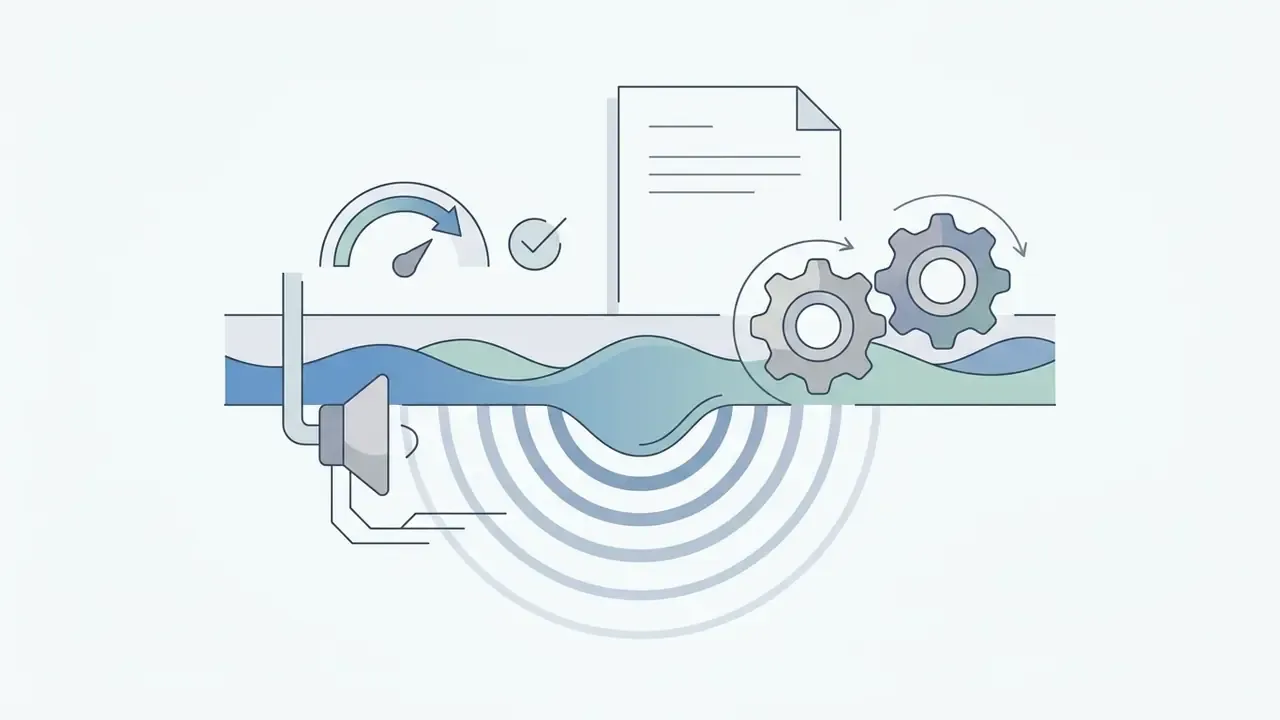 Fluid flowing through a pipe with gears and a speaker emitting sound waves to represent acoustic resonance
