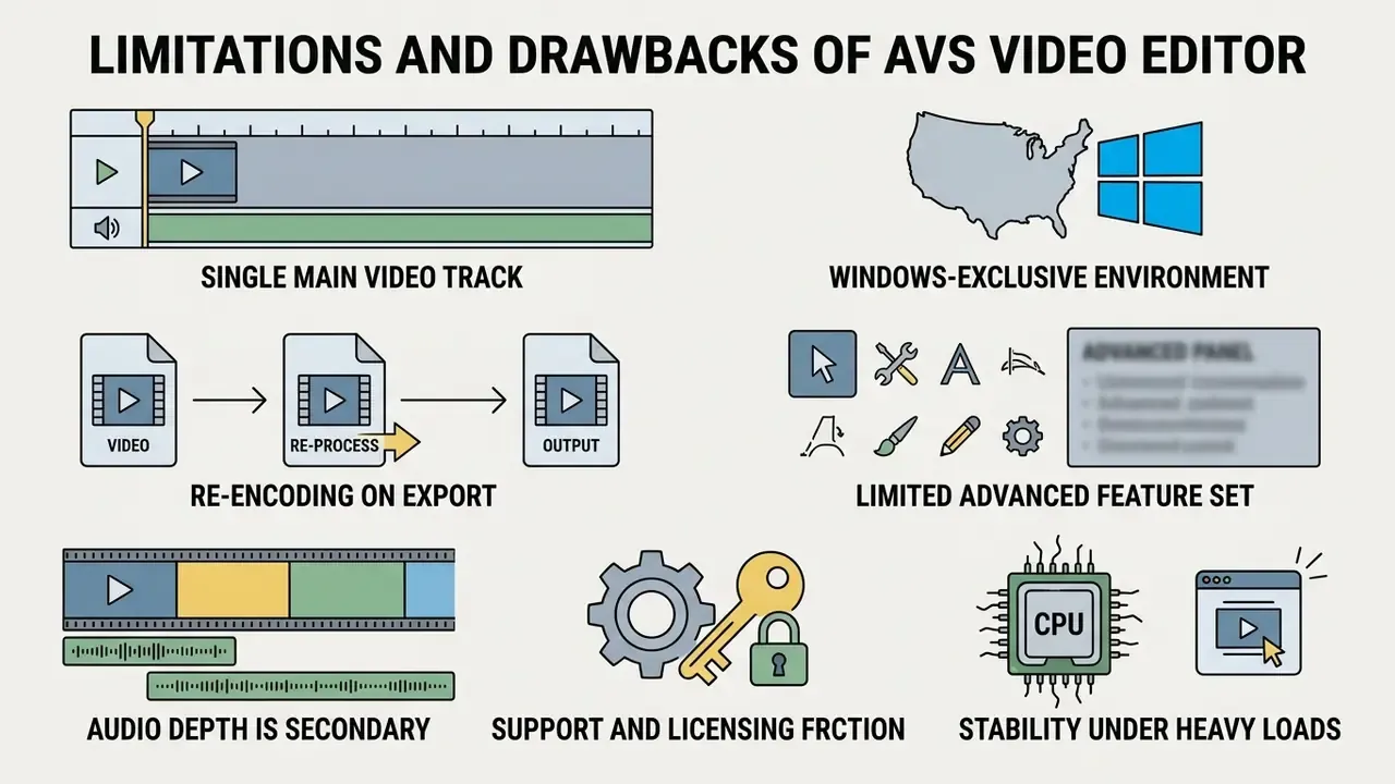 Summary icons highlighting software constraints like single track editing, Windows exclusivity, and re-encoding