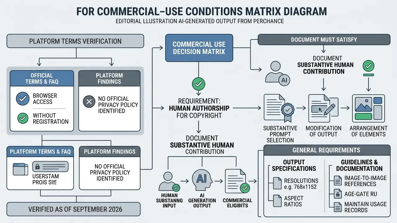 Decision tree diagram detailing human authorship requirements for commercial use of AI generated content