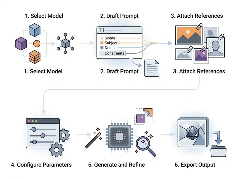 Six-step sequence for generating high-quality AI images from model selection to final file export