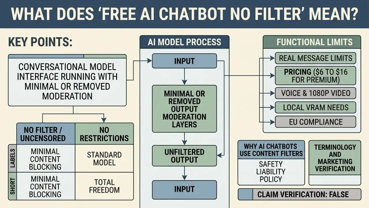 Infographic explaining the technical process and functional limits of a free AI chatbot no filter