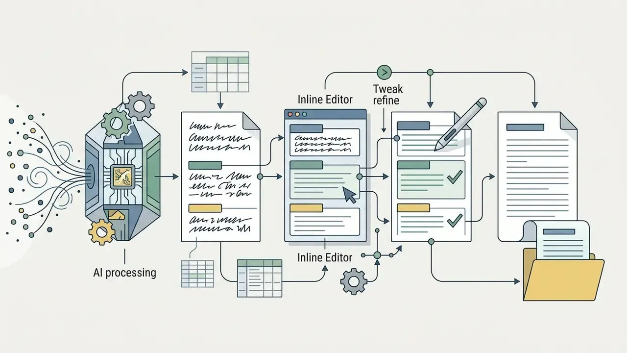 Flowchart showing AI processing data into a document editor for manual refinement and final export