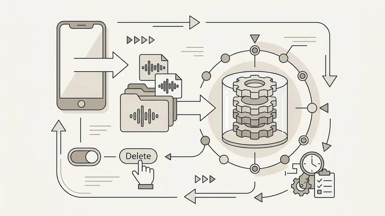 Smartphone uploading audio files to a server with a delete button and a timer for data retention