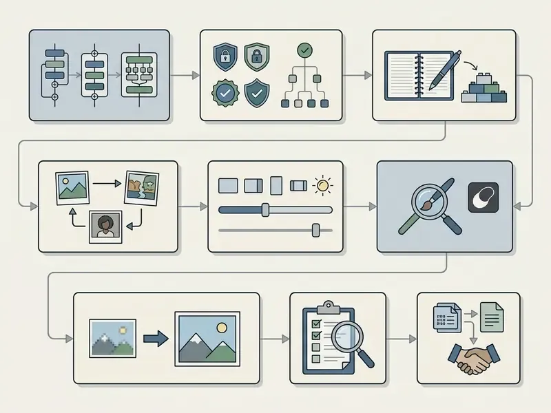 Flowchart showing a sequential process for image creation from model selection to final quality export