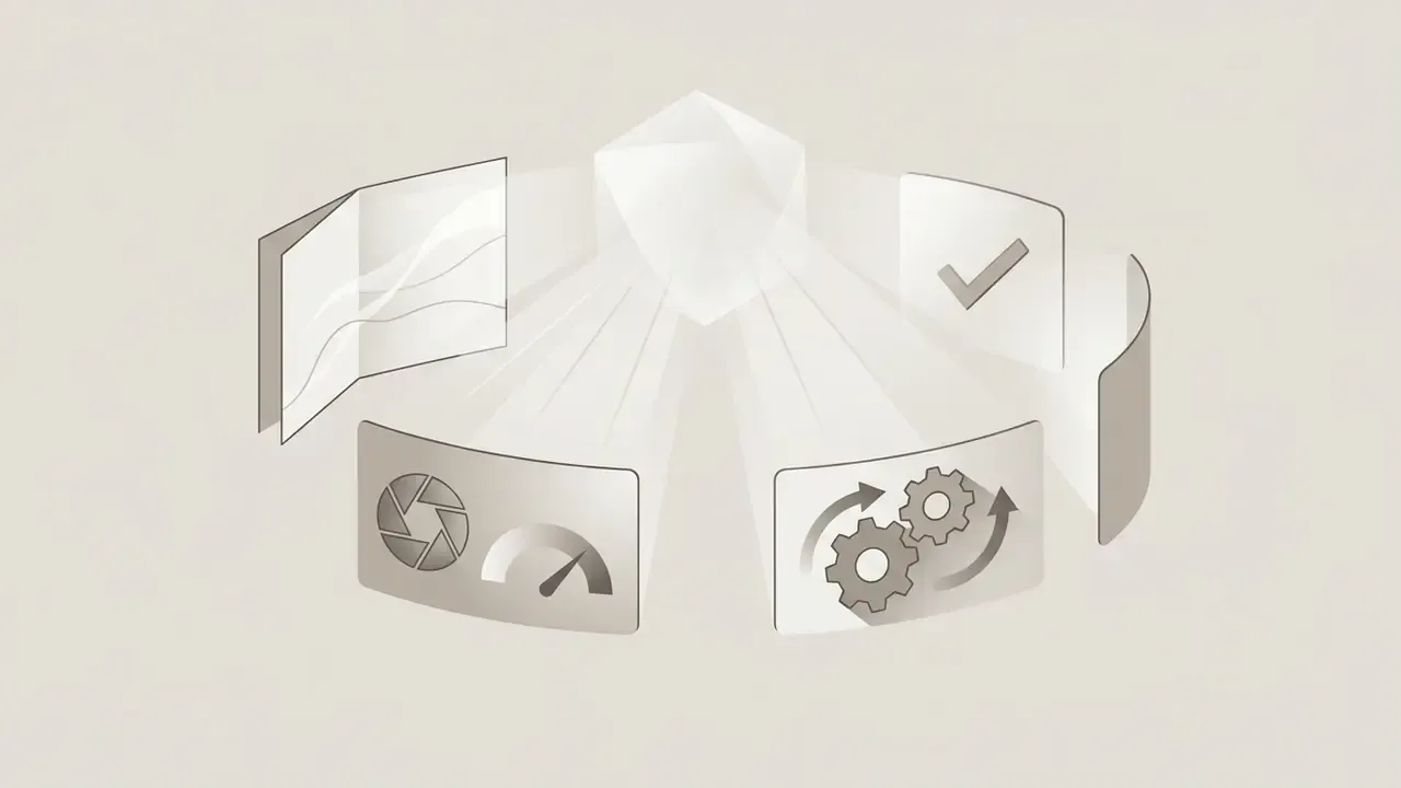 Central light source projecting beams onto panels showing camera, gear, and data icons for AI image generation