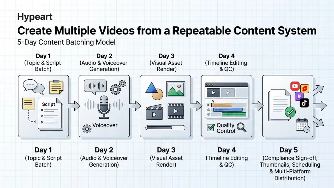 Five sequential steps for batching video content from initial scripting through final distribution