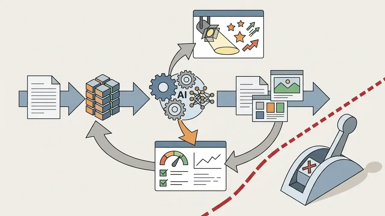 Process flow showing inputs feeding an AI engine that generates media, evaluates performance, and loops back