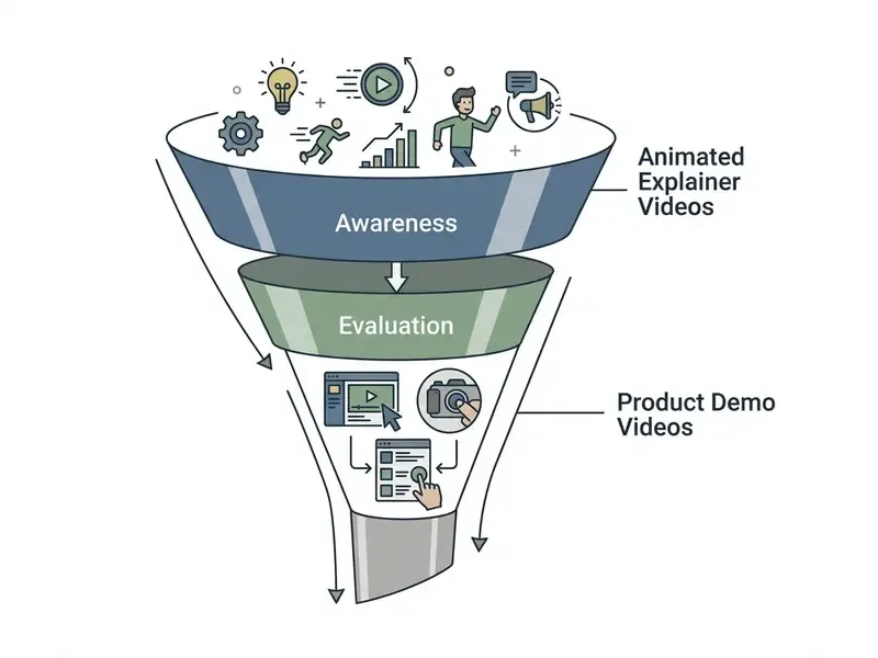 Marketing funnel showing animated explainer videos for awareness and product demo videos for evaluation