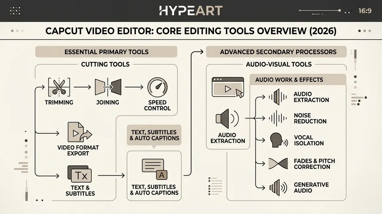 Infographic detailing primary cutting tools and advanced audio-visual processors in CapCut video editor