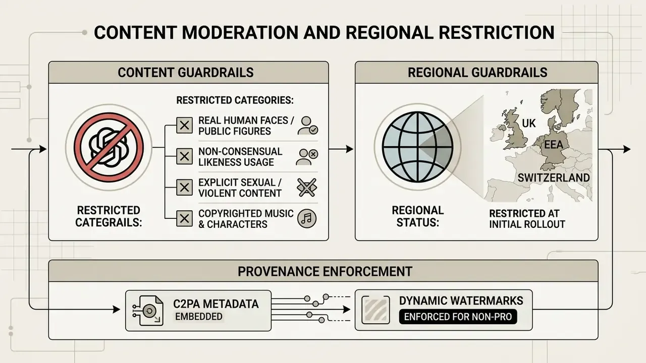Overview of Sora content guardrails, regional restrictions, and provenance enforcement mechanisms