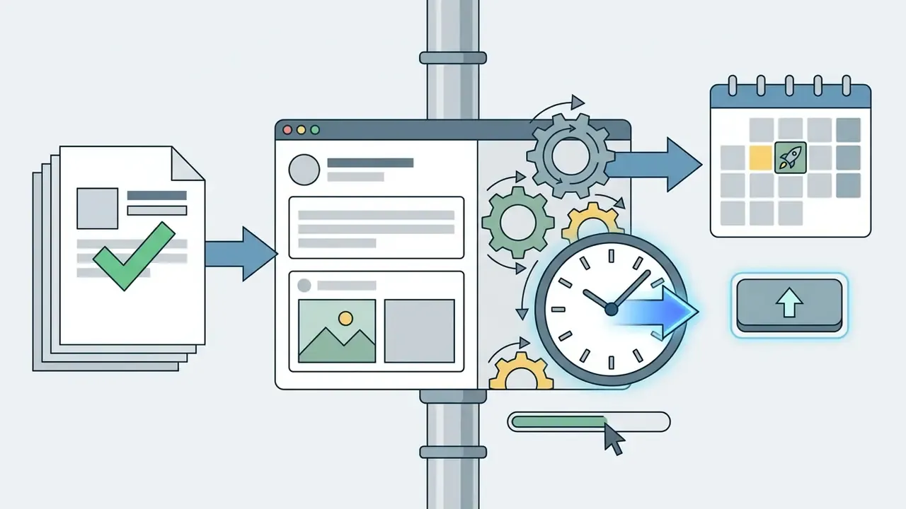 Document with a checkmark moving into a post editor with gears and a clock to schedule a calendar event