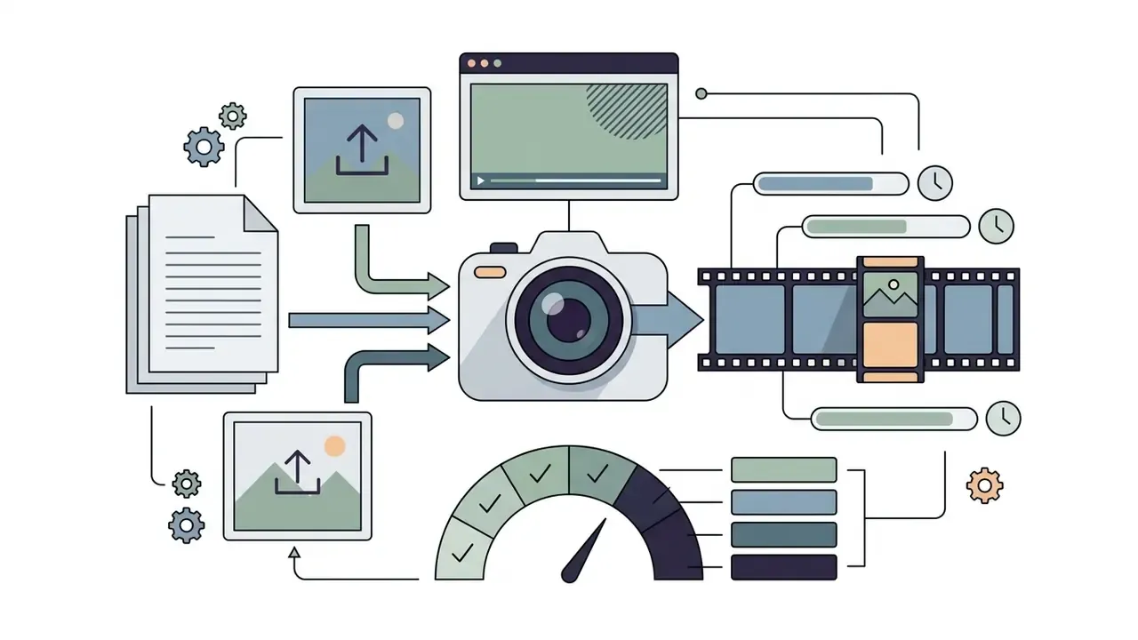 Digital process showing text and image inputs being converted by a camera icon into video film strips