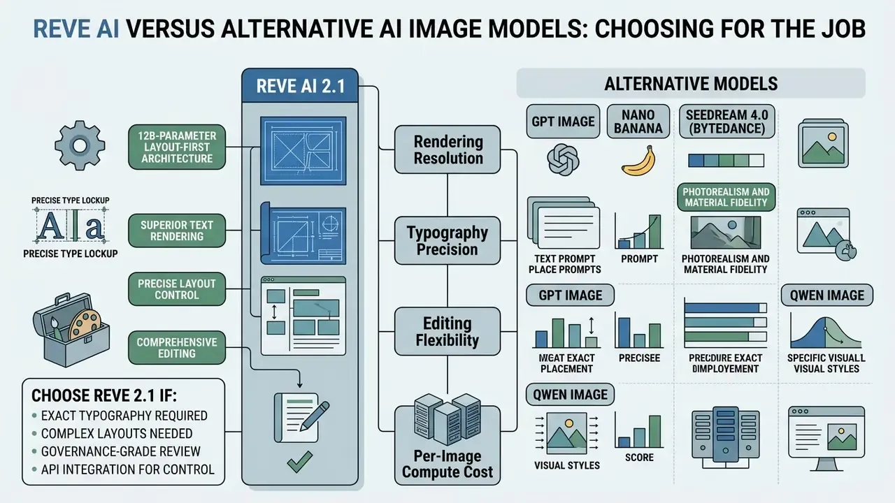Infographic evaluating model capabilities across resolution, typography, editing, and compute cost metrics