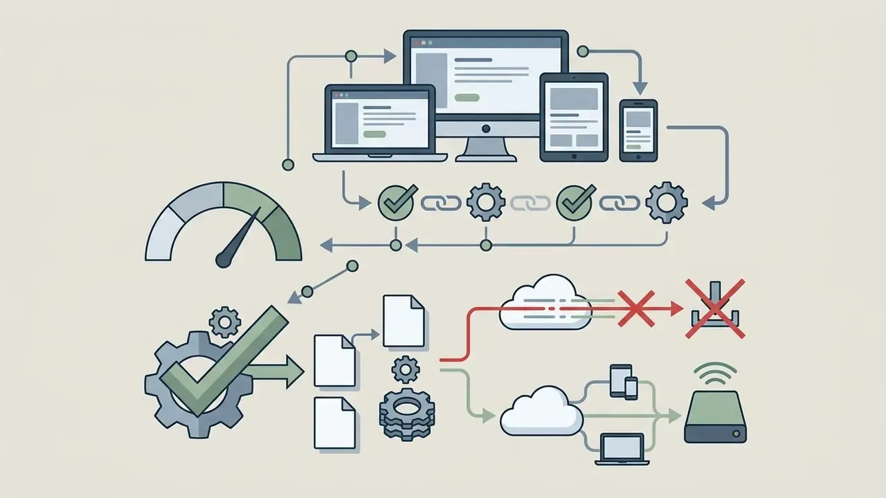 Network of devices and cloud icons showing cross-platform connectivity and offline data access