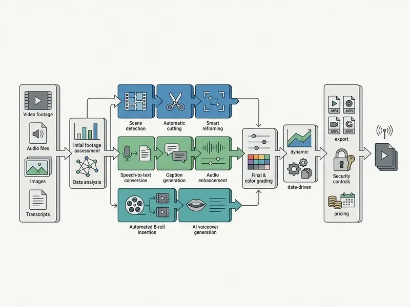 Flowchart showing an AI auto video editor pipeline processing raw media into final exported files