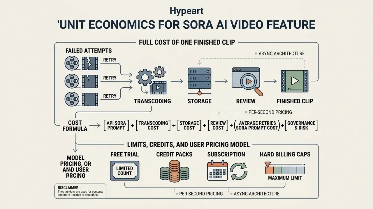 Flowchart detailing the cost formula, production steps, and pricing models for a Sora AI video generator