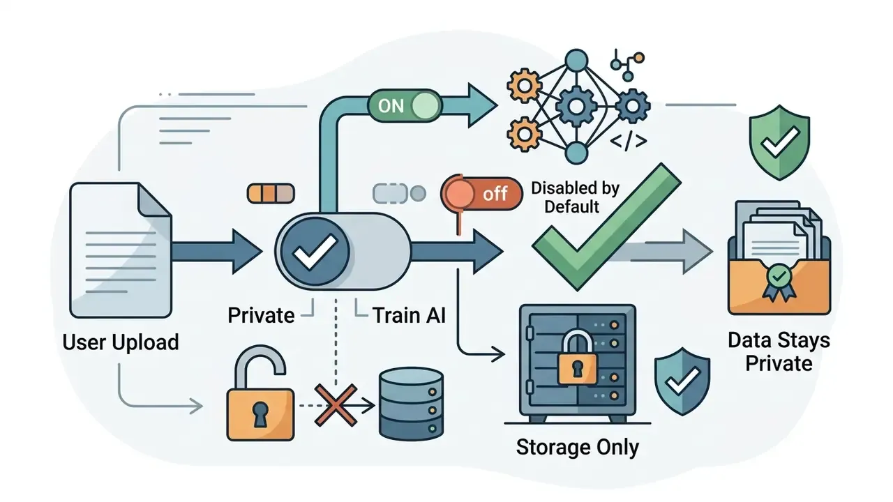 Flowchart showing user data moving to secure storage while AI training remains disabled by default