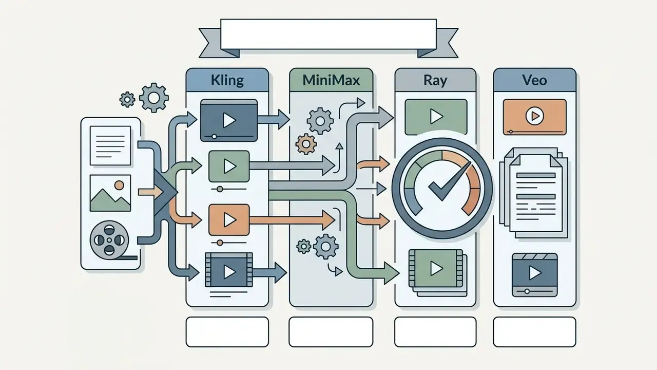 Media inputs feeding into Kling, MiniMax, Ray, and Veo processing panels with a performance gauge