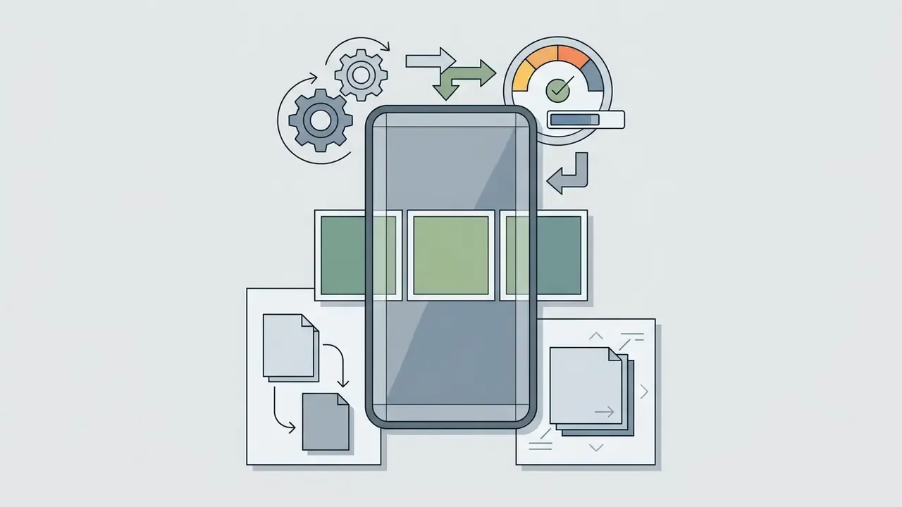 Smartphone frame with carousel slides, gear icons, and a progress gauge for mobile content production
